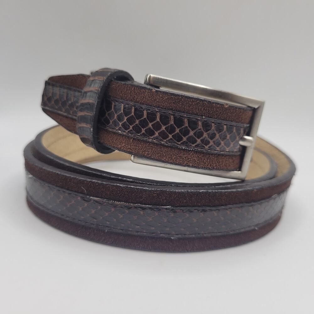 Calvin Klein Belt Mens XL Brown Leather Snake Embossed Silver Buckle Dress